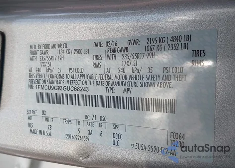 2016 Ford Escape Se z USA, uszkodzony, nr VIN 1FMCU9G93GUC68243